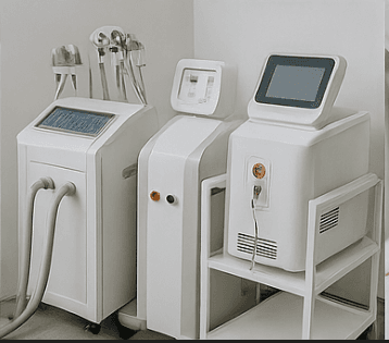 Rádiófrekvenciás arckezelés demonstrációja, kézi applikátorral homlokon dolgozva.